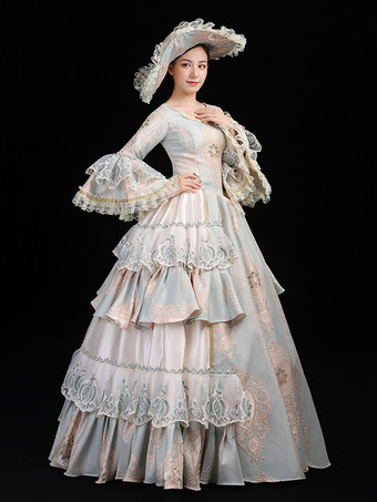 レディース ヴィンテージ ロココ ドレス レーストリム フレアスリーブ フリル ロング ボールガウン ドレス