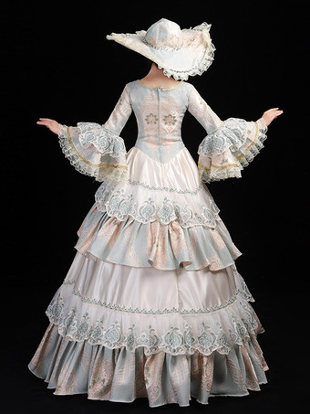 レディース ヴィンテージ ロココ ドレス レーストリム フレアスリーブ フリル ロング ボールガウン ドレス