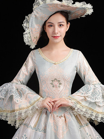 レディース ヴィンテージ ロココ ドレス レーストリム フレアスリーブ フリル ロング ボールガウン ドレス