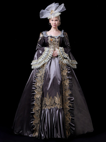 ヴィンテージ ヴィクトリアン ロココ レディース ドレス フレア レース トリム スリーブ ボールガウン ドレス