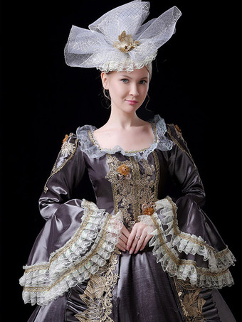 ヴィンテージ ヴィクトリアン ロココ レディース ドレス フレア レース トリム スリーブ ボールガウン ドレス