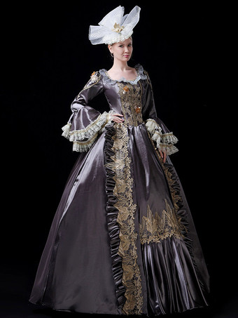 ヴィンテージ ヴィクトリアン ロココ レディース ドレス フレア レース トリム スリーブ ボールガウン ドレス