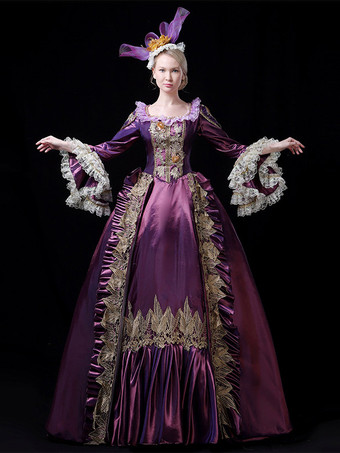 パープル ヴィンテージ ヴィクトリアン ロココ レディース ドレス フレア レース トリム スリーブ ボールガウン ドレス