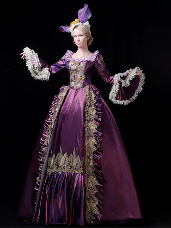 ヴィンテージ ヴィクトリアン ロココ レディース ドレス フレア レース トリム スリーブ ボールガウン ドレス