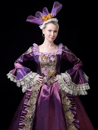 ヴィンテージ ヴィクトリアン ロココ レディース ドレス フレア レース トリム スリーブ ボールガウン ドレス