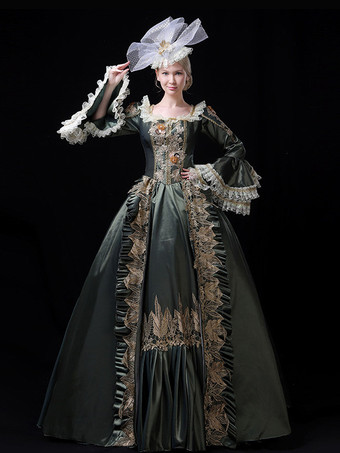 グリーン ヴィンテージ ヴィクトリアン ロココ レディース ドレス フレア レース トリム スリーブ ボールガウン ドレス