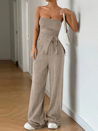 リブ編みツーピースセット（女性用） - カーキのセクシーなチューブトップとワイドレッグパンツのセット - 2026年夏のビーチバケーション