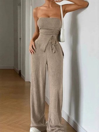 ライトブラウンリブ編みツーピースセット（女性用） - カーキのセクシーなチューブトップとワイドレッグパンツのセット - 2026年夏のビーチバケーション