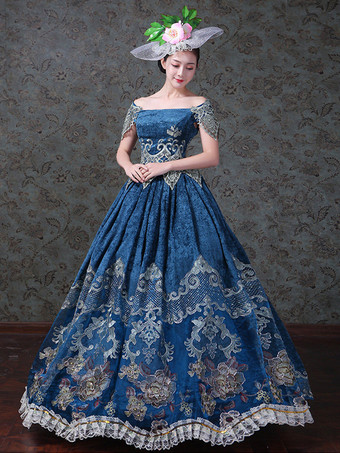 レディース ヴィンテージ ヴィクトリアン ロココ ドレス オフショルダー 花柄プリント ボールガウン ドレス