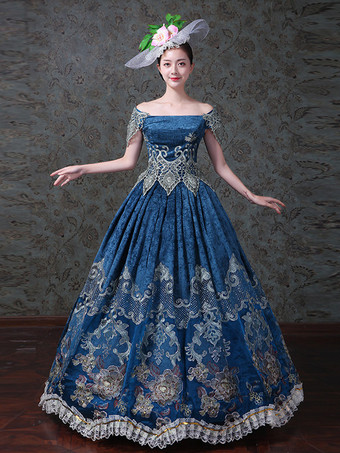 ブルー レディース ヴィンテージ ヴィクトリアン ロココ ドレス オフショルダー 花柄プリント ボールガウン ドレス