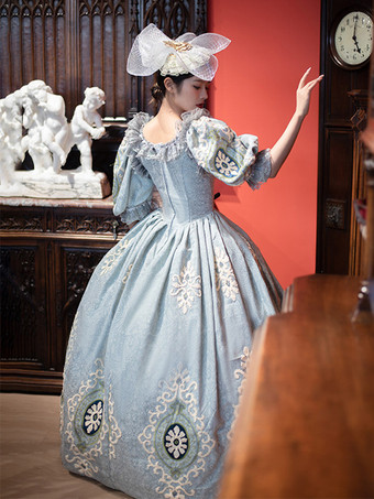 ヴィンテージ ヴィクトリアン ロココ レディース ドレス ショート パフスリーブ フリル トリム ボールガウン ドレス