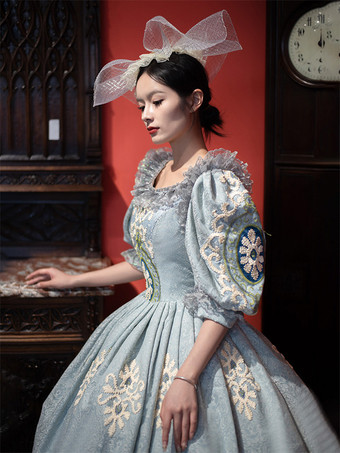 ヴィンテージ ヴィクトリアン ロココ レディース ドレス ショート パフスリーブ フリル トリム ボールガウン ドレス