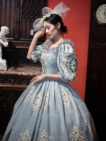 ヴィンテージ ヴィクトリアン ロココ レディース ドレス ショート パフスリーブ フリル トリム ボールガウン ドレス