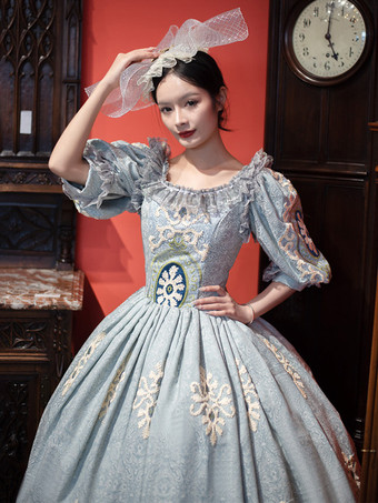 ヴィンテージ ヴィクトリアン ロココ レディース ドレス ショート パフスリーブ フリル トリム ボールガウン ドレス