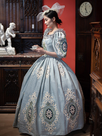 ヴィンテージ ヴィクトリアン ロココ レディース ドレス ショート パフスリーブ フリル トリム ボールガウン ドレス