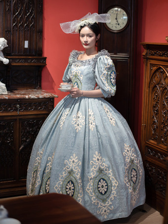 ヴィンテージ ヴィクトリアン ロココ レディース ドレス ショート パフスリーブ フリル トリム ボールガウン ドレス