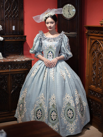 ヴィンテージ ヴィクトリアン ロココ レディース ドレス ショート パフスリーブ フリル トリム ボールガウン ドレス