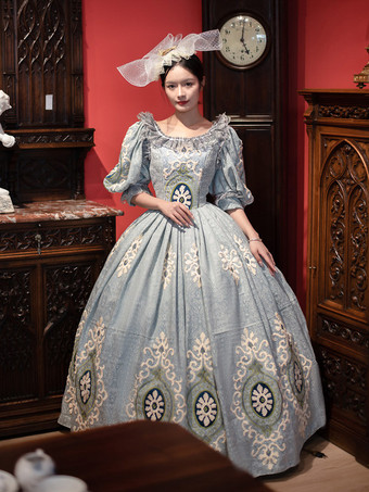 レイクブルー ヴィンテージ ヴィクトリアン ロココ レディース ドレス ショート パフスリーブ フリル トリム ボールガウン ドレス