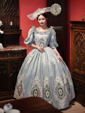 Vintage Victorian Rococo Women's Dress Short Puff Sleeves Ruffles Trim Ball  Gown Dress