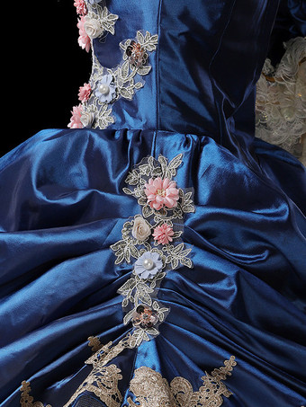 ヴィンテージ レディース ヴィクトリアン ロココ ドレス レーストリム フレアスリーブ 花柄プリント ボールガウン ドレス