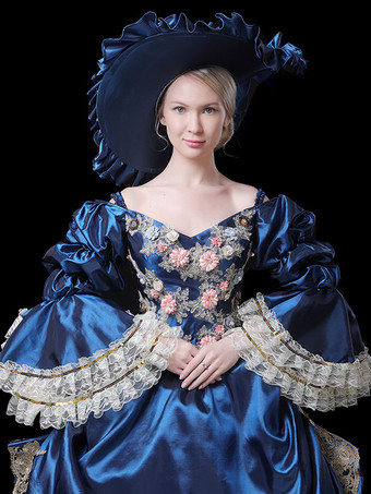 ヴィンテージ レディース ヴィクトリアン ロココ ドレス レーストリム フレアスリーブ 花柄プリント ボールガウン ドレス