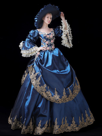 ヴィンテージ レディース ヴィクトリアン ロココ ドレス レーストリム フレアスリーブ 花柄プリント ボールガウン ドレス