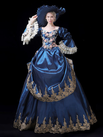 ヴィンテージ レディース ヴィクトリアン ロココ ドレス レーストリム フレアスリーブ 花柄プリント ボールガウン ドレス