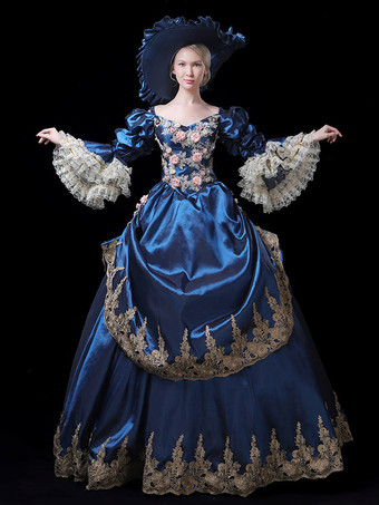 ブルー ヴィンテージ レディース ヴィクトリアン ロココ ドレス レーストリム フレアスリーブ 花柄プリント ボールガウン ドレス