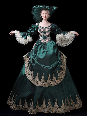 グリーン ヴィンテージ レディース ヴィクトリアン ロココ ドレス レーストリム フレアスリーブ 花柄プリント ボールガウン ドレス