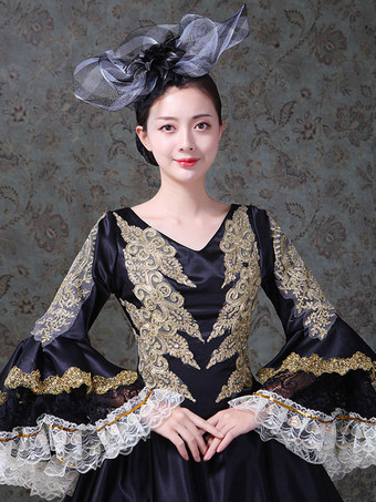 ヴィンテージ レディース ヴィクトリアン ロココ レース フレアスリーブ Vネック 刺繍入り パス ボールガウン ドレス