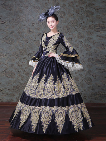 ヴィンテージ レディース ヴィクトリアン ロココ レース フレアスリーブ Vネック 刺繍入り パス ボールガウン ドレス