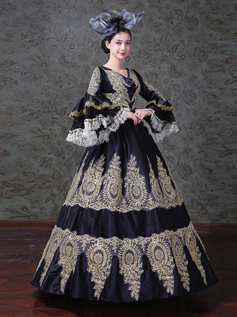 ヴィンテージ レディース ヴィクトリアン ロココ レース フレアスリーブ Vネック 刺繍入り パス ボールガウン ドレス