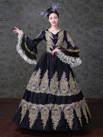 ヴィンテージ レディース ヴィクトリアン ロココ レース フレアスリーブ Vネック 刺繍入り パス ボールガウン ドレス