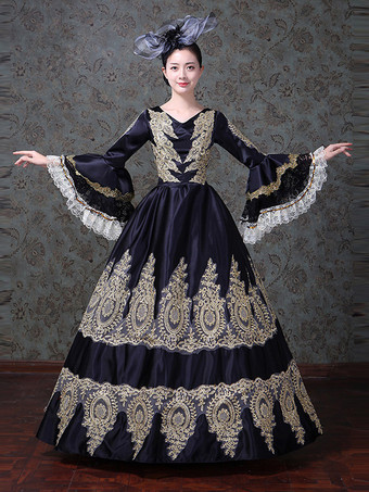 ブラック ヴィンテージ レディース ヴィクトリアン ロココ レース フレアスリーブ Vネック 刺繍入り パス ボールガウン ドレス