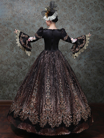 ヴィンテージ ヴィクトリアン ロココ ドレス 刺繍入り ロングフレアスリーブ ボールガウンドレス