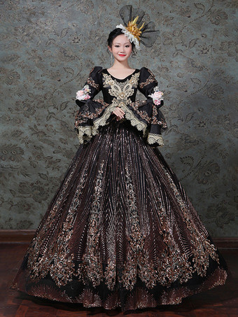 ヴィンテージ ヴィクトリアン ロココ ドレス 刺繍入り ロングフレアスリーブ ボールガウンドレス