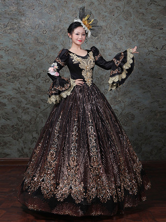 ヴィンテージ ヴィクトリアン ロココ ドレス 刺繍入り ロングフレアスリーブ ボールガウンドレス