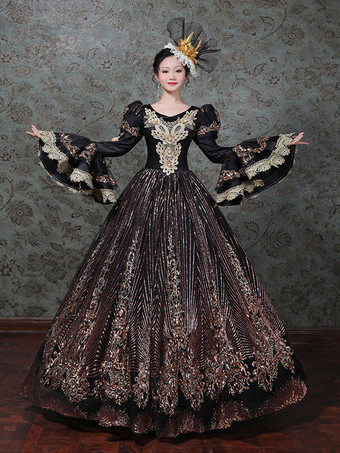 ブラック ヴィンテージ ヴィクトリアン ロココ ドレス 刺繍入り ロングフレアスリーブ ボールガウンドレス