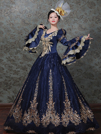 ヴィンテージ ヴィクトリアン ロココ ドレス 刺繍入り ロングフレアスリーブ ボールガウンドレス