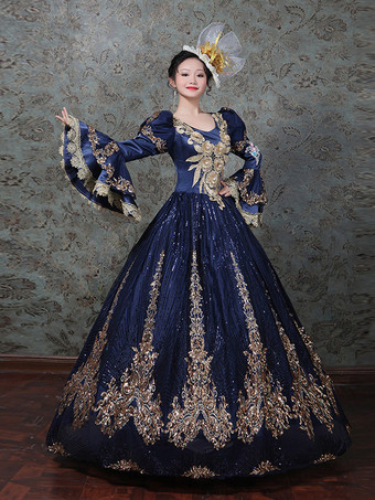 ヴィンテージ ヴィクトリアン ロココ ドレス 刺繍入り ロングフレアスリーブ ボールガウンドレス