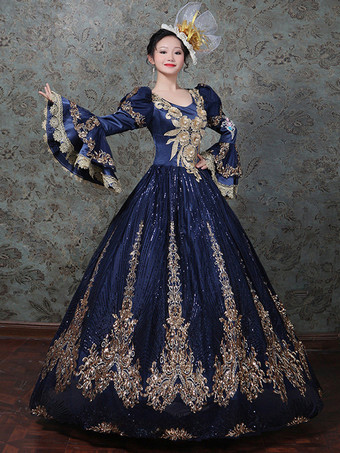 ヴィンテージ ヴィクトリアン ロココ ドレス 刺繍入り ロングフレアスリーブ ボールガウンドレス