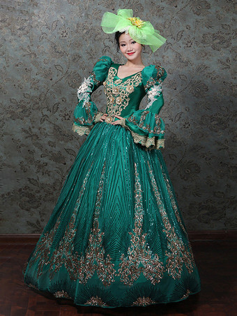 ヴィンテージ ヴィクトリアン ロココ ドレス 刺繍入り ロングフレアスリーブ ボールガウンドレス