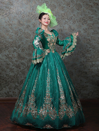 ヴィンテージ ヴィクトリアン ロココ ドレス 刺繍入り ロングフレアスリーブ ボールガウンドレス