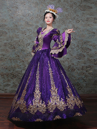 ヴィンテージ ヴィクトリアン ロココ ドレス 刺繍入り ロングフレアスリーブ ボールガウンドレス