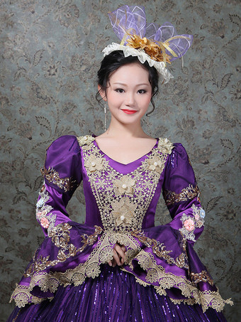 ヴィンテージ ヴィクトリアン ロココ ドレス 刺繍入り ロングフレアスリーブ ボールガウンドレス