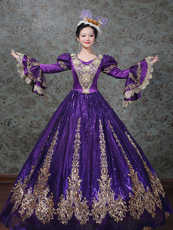 パープル ヴィンテージ ヴィクトリアン ロココ ドレス 刺繍入り ロングフレアスリーブ ボールガウンドレス