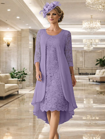 ラベンダー2ピース マザーズドレス ジュエルネック 3/4丈袖 Aライン レース ウェディングゲストドレス