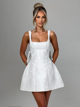 ホワイト ジャカードコケットミニドレス（女性用） - バービーコア ビッグリボンバック ノースリーブ Aライン - 夏の誕生日パーティー衣装 2026