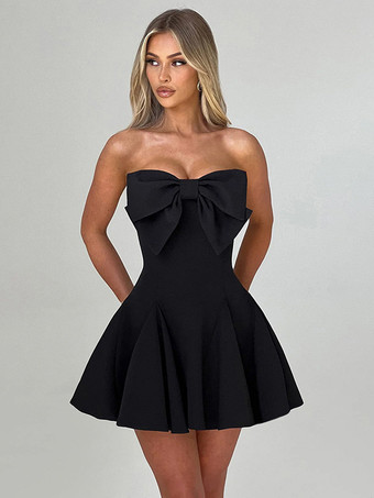 ブラック コケットボウドレス（女性用） - ストラップレスハートネックAラインミニドレス - 夏の誕生日パーティー2026