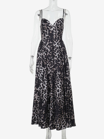 ヒョウ柄マキシ丈サマードレス（女性用） - アニマルプリントのセクシーなスパゲッティストラップフレアロングドレス - 2026年夏のビーチバケーション